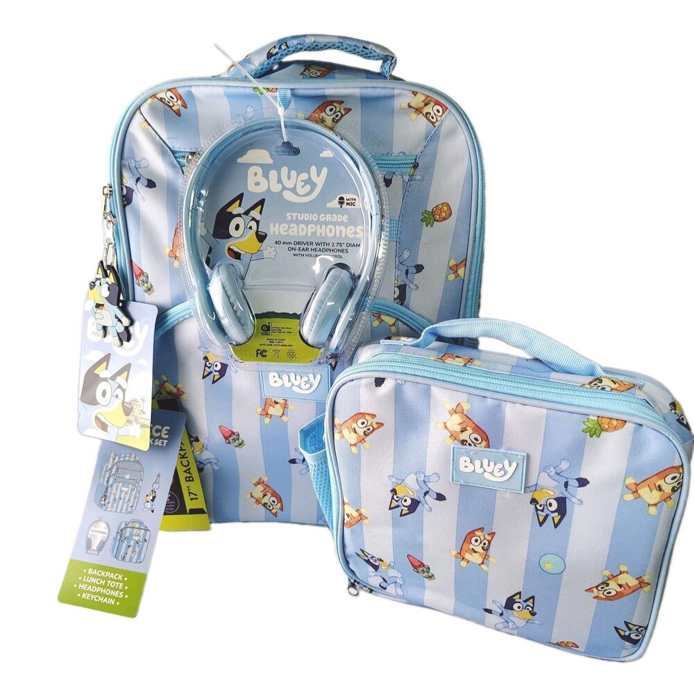 New Bluey 4-Piece 17" Backpack Set with Lunch Tote Headphones & Keychain NWT